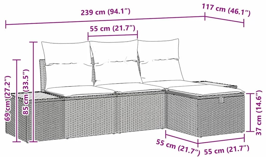 Conjunto de Sofá de Jardim de 4 Peças com Almofadas Bege em Rattan Pol
