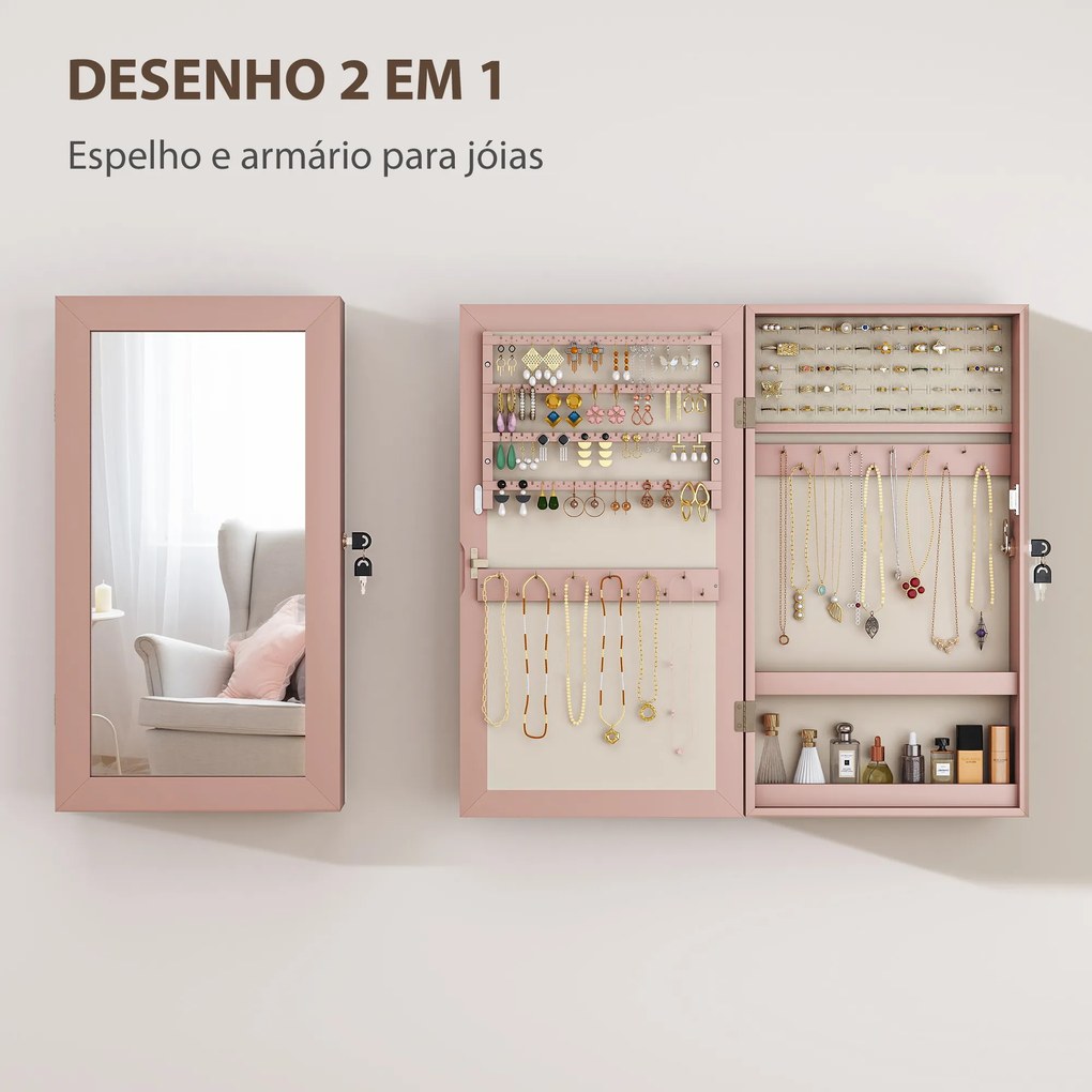 Espelho Joalheiro de Parede Armário para Jóias com Fechadura e Vários Compartimentos para Colares Anéis Pulseiras Rosa e Bege