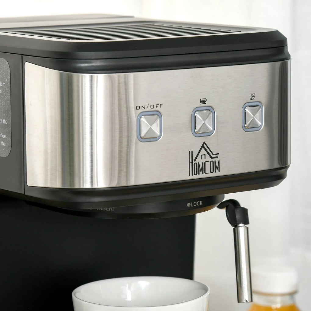 Cafeteira Semi Automática 850W de 15 Bar de Pressão com Depósito 1,5L Espumador de Leite para Espresso Capuccino Latte Macchiato Vaporizador Orientável 35,5x21x29cm Preto
