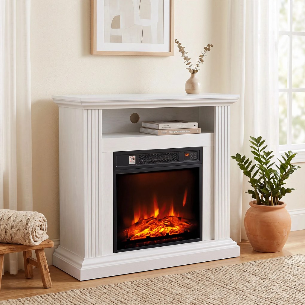 Lareira elétrica de 1800 W, efeito de chama com 3 níveis de luminosidade, lareira decorativa com cornija, efeito de madeira branca