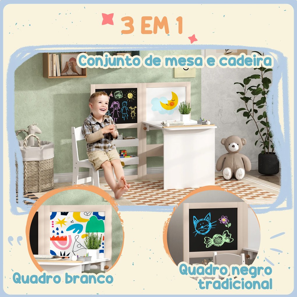 Mesa e Cadeira Infantil Mesa para Crianças com Cadeira Ardódias Dobrável Prateleiras e Rolo de Papel  Branco