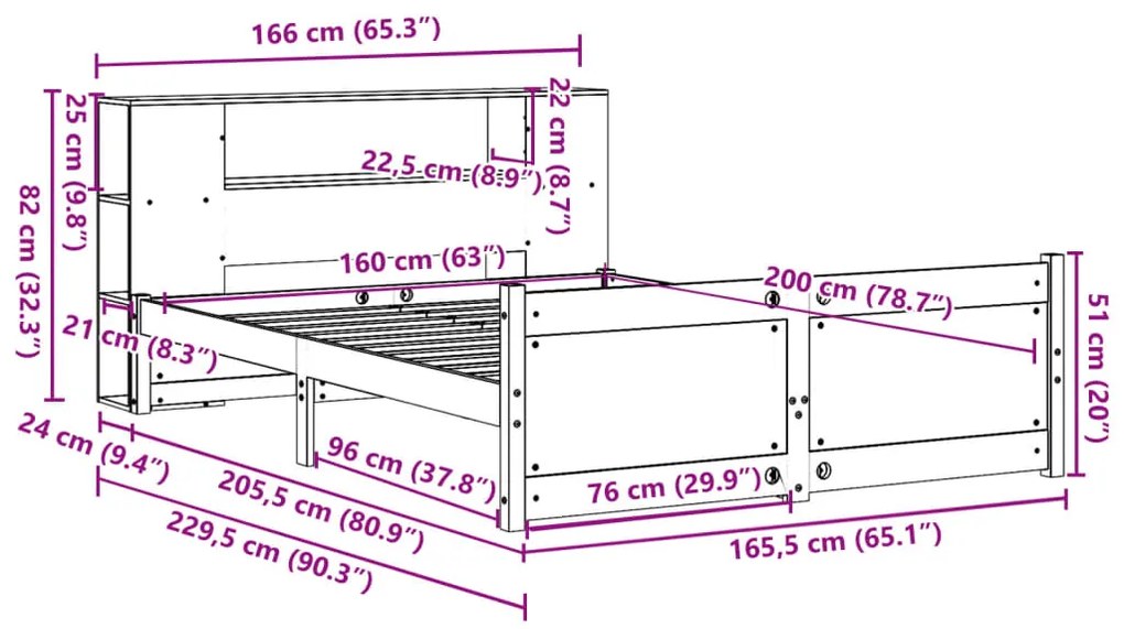 Cama com estante sem colchão 160x200 cm pinho maciço branco