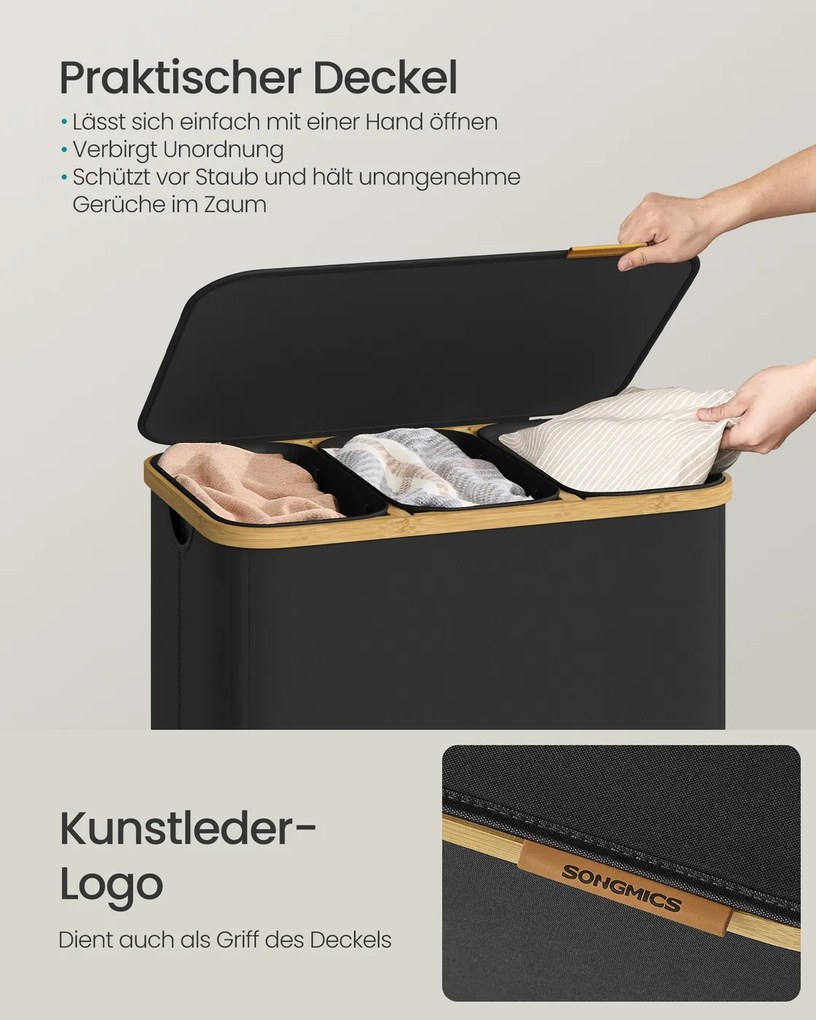 Cesto da roupa suja com tampa e saco removível 60 x 38,5 x 75 cm, 170 L, preto