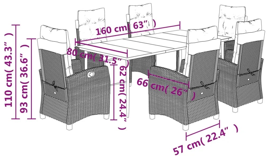 7 pcs conj. jantar p/ jardim c/ almofadões vime PE cinza-claro