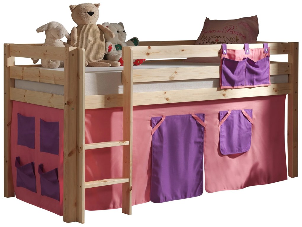 Conjunto Cama alta de Criança PINO 90 x 200 cm + estrado + escada + cortina Bella Natural