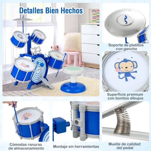 Conjunto de bateria infantil com 5 tambores jazz rock com bombo, 1 prato, 2 baquetas e 1 pedal para maiores de 3 anos. Azul