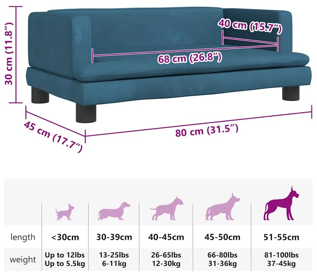 Cama para cães 80x45x30 cm veludo azul