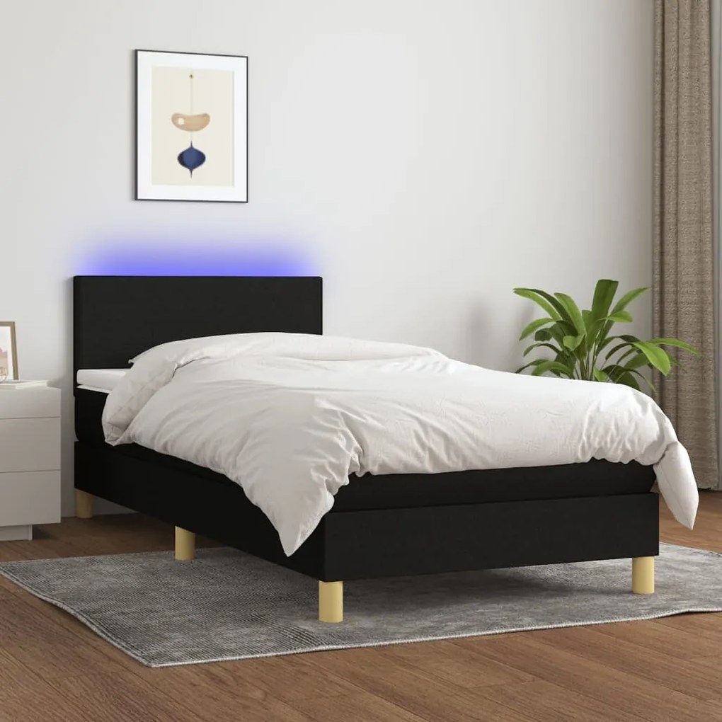 3133519 vidaXL Cama box spring c/ colchão e LED 90x190 cm tecido preto