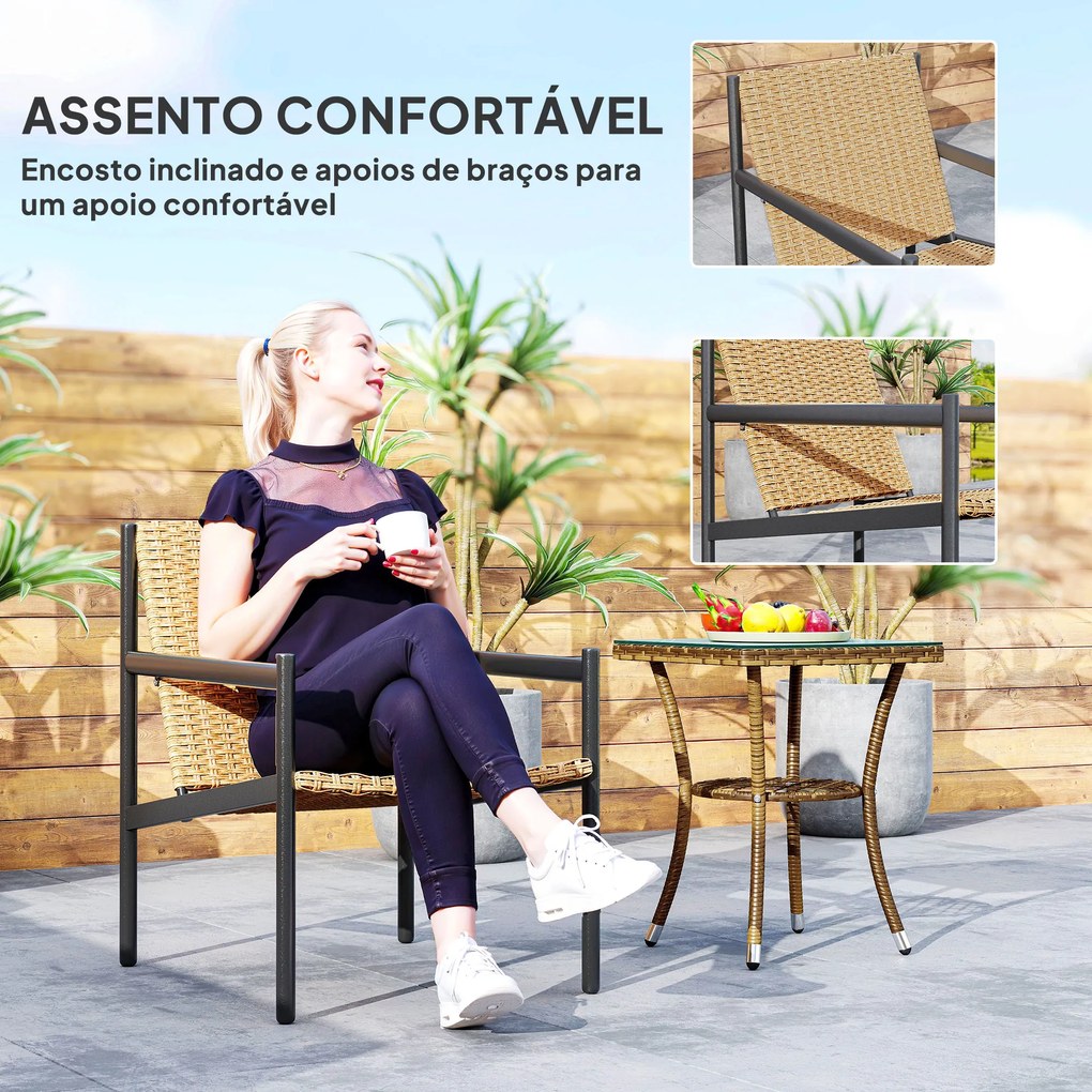 Cadeira de Jardim em Vime com Apoios de Braços Encosto Inclinado e Estrutura de Aço 61x74x81 cm Madeira