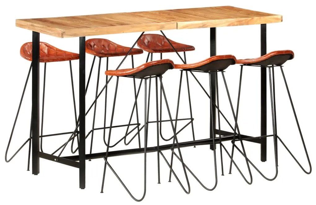 vidaXL 7 pcs conjunto de bar madeira maciça e couro genuíno