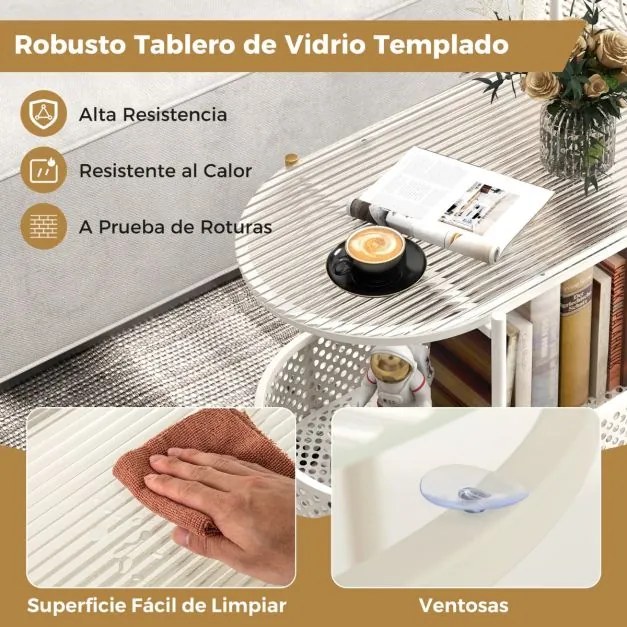 Mesa lateral de vidro móvel moderna de 2 níveis com padrão de urso Cesto de metal Rodas para sala de estar Quarto de estudo Branco