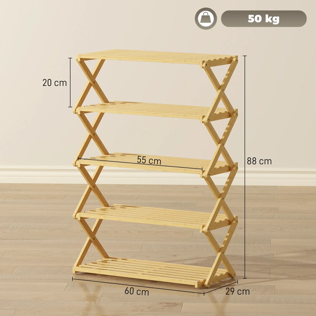 Sapateira Estreita de Bambu Dobrável de 5 Níveis para Entrada Corredor Quarto 60x29x88 cm Madeira