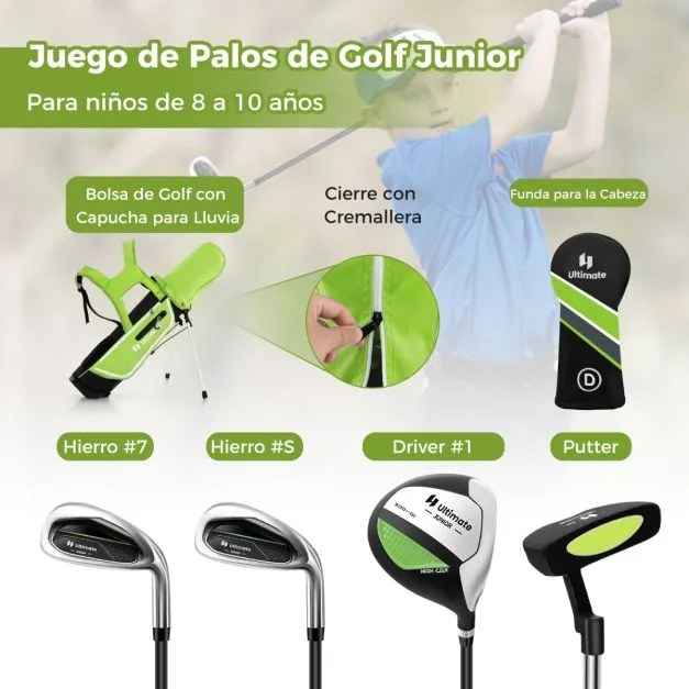 Conjunto de Tacos de Golfe para Crianças dos 8 aos 10 Anos Inclui Saco de Apoio com Capuz para Chuva Nº 1 Driver Nº 1 Irons e Nº 7 Putter#S Verde