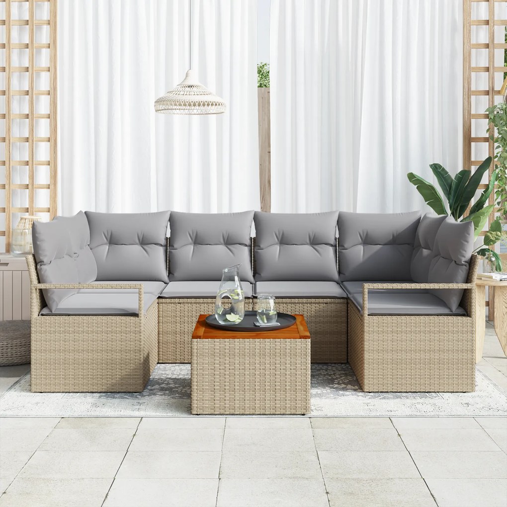 Conjunto de Sofás para Jardim de 7 Peças com Almofadas em Bege e Ratta