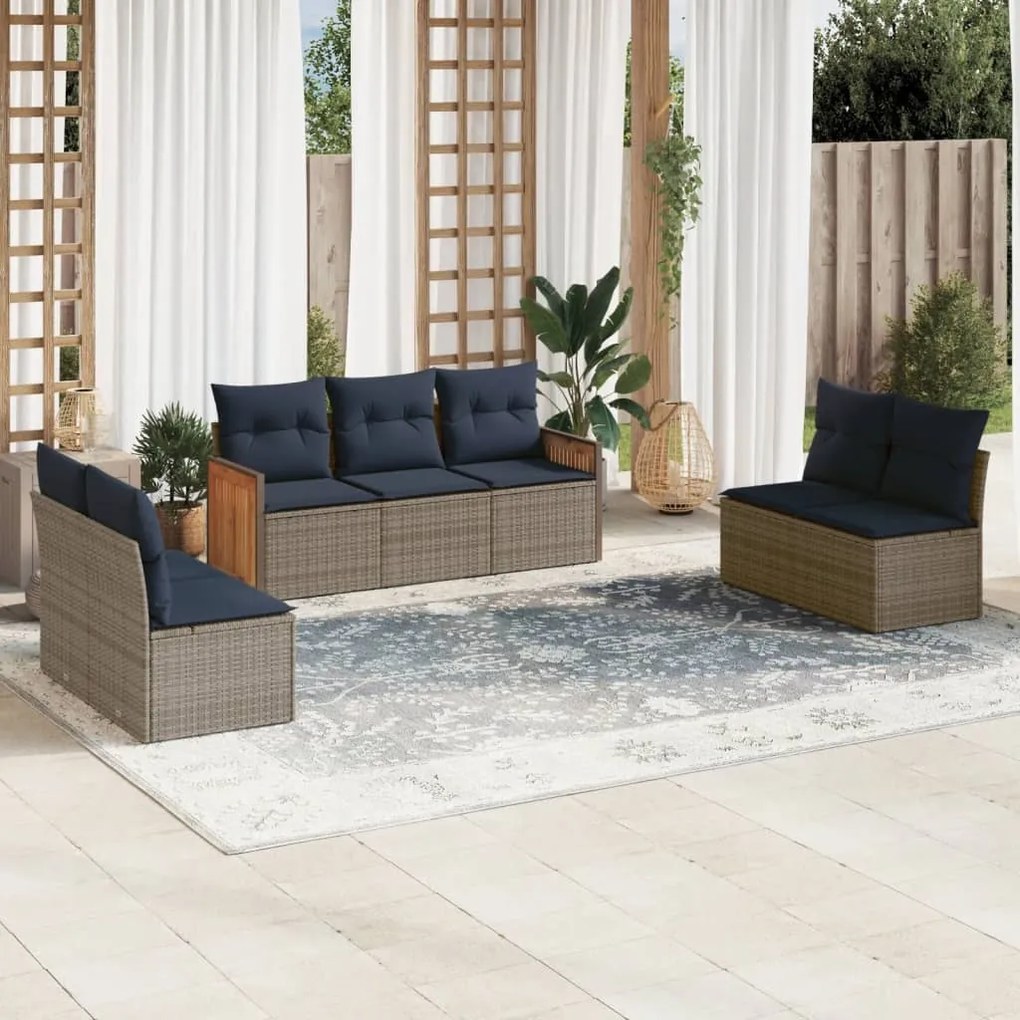 vidaXL 7 pcs conjunto sofás p/ jardim c/ almofadões vime PE cinzento