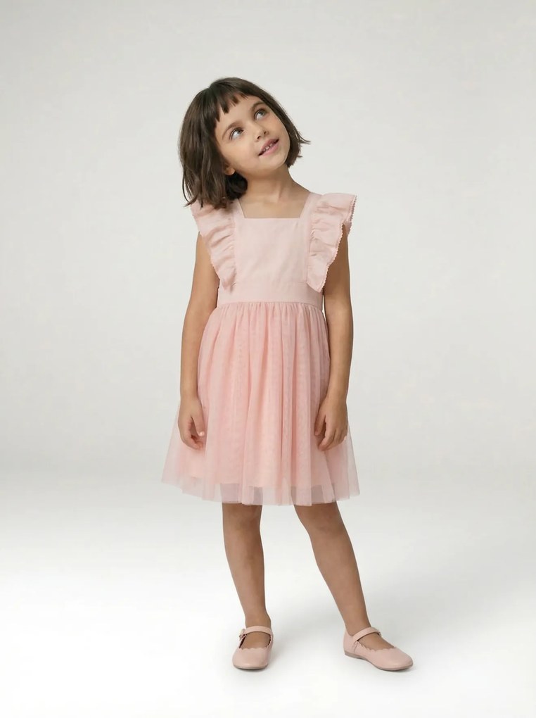 Vestido de cerimónia com folhos, em gaze de algodão e tule, para menina rosa-pálido