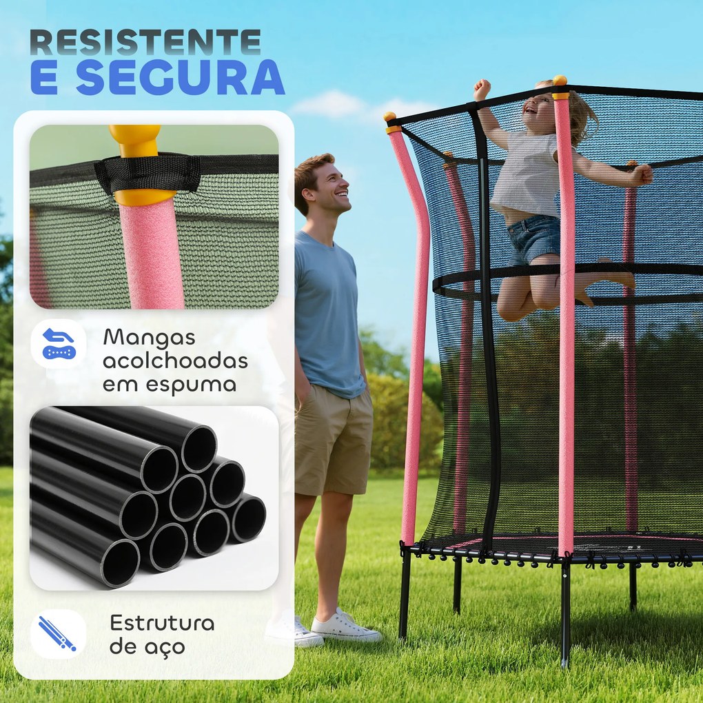 Trampolim para Crianças Cama Elástica Infantil com Rede de Segurança para Interiores e Exteriores Ø163,5x190 cm Rosa