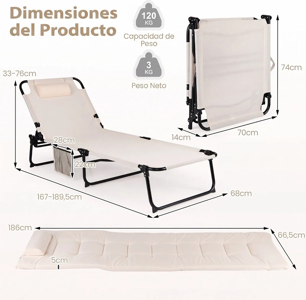Espreguiçadeira Dobrável para Exterior, 186 x 68 x 33-76 cm, Encosto Ajustável em 4 Posições, Bege