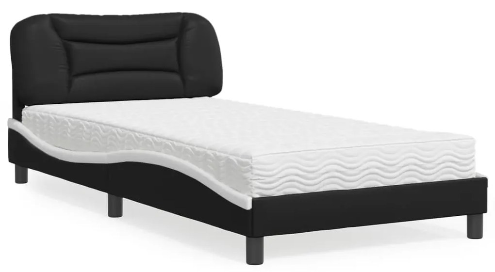 Cama com colchão 100x200 cm couro artificial preto e branco