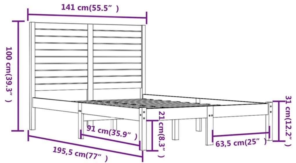 Estrutura de cama casal 135x190 cm madeira maciça