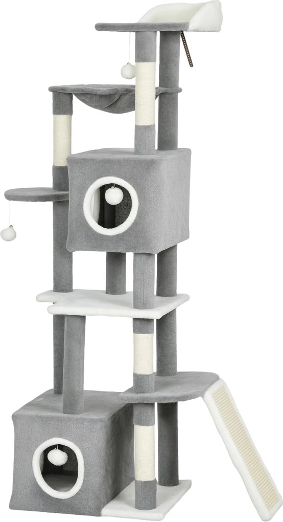 Arranhador para gatos com torre de brincadeiras, centro de atividades, 2 compartimentos abertos, plataformas, rede, escada e 4 pompons, 165 cm, cinzen