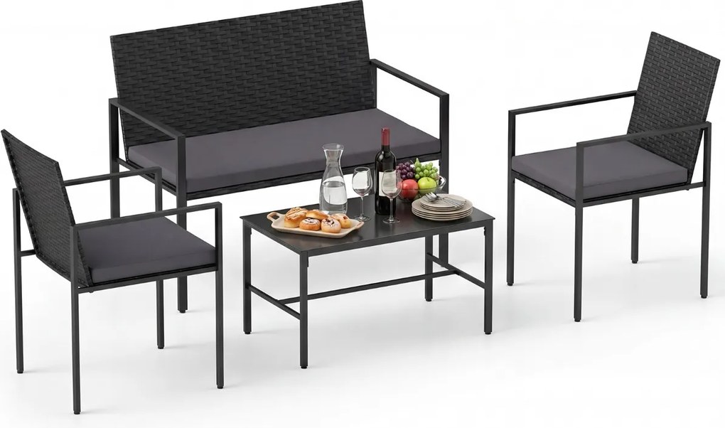 Conjunto de jardim de 4 peças em rattan para exterior: cadeiras, sofá, mesa de centro em vidro temperado e almofadas macias; ideal para jardim, alpend