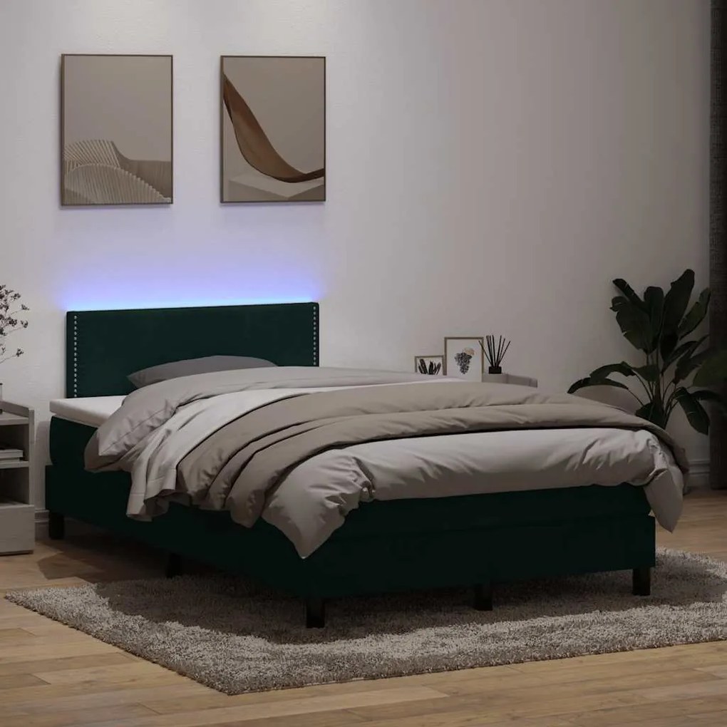vidaXL Cama box spring c/ colchão e LED 120x210 cm veludo verde-escuro
