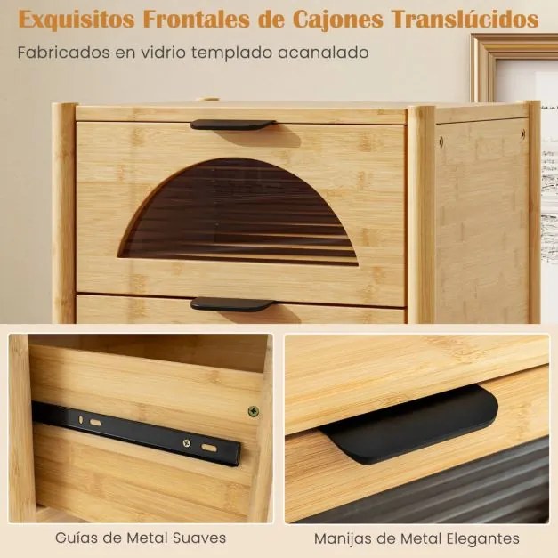 Mesa de cabeceira moderna 45 x 40 x 56 cm em bambu com 2 gavetas e frentes em vidro temperado estriado para sala de estar ou quarto Natural