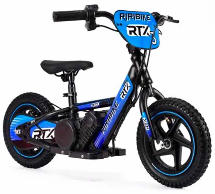 Bicicleta eléctrica para crianças RIRIBIKE RTX3 24V (12"), bateria de lítio, motor de 100W, travão de disco, assento ajustável em PU macio Azul