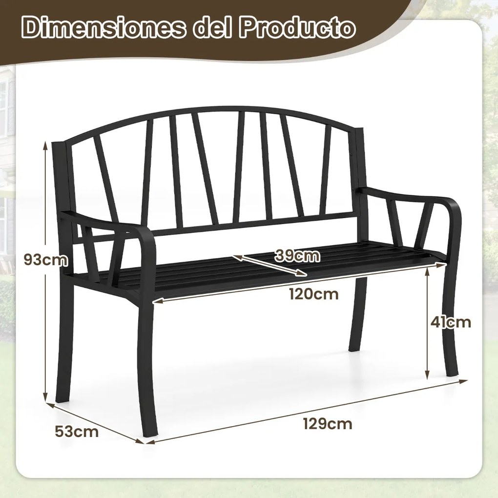 Banco de jardim em metal para 2-3 pessoas com apoios de braços curvos 129 x 53 x 93 cm Preto