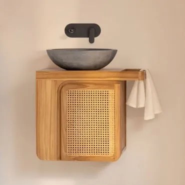 Conjunto De Móveis De Banheiro Suspensos Em Madeira De Teca Georgy Madeira De Teca & Cimento Cinzento Redondo Ø40 Cm Tarsis & Sem Espelho - Sklum