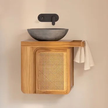 Conjunto De Móvel De Casa De Banho Suspenso 60x40 Cm Em Madeira De Teca Georgy Madeira De Teca & Cimento Cinzento Redondo Ø40 Cm Tarsis & - Sklum