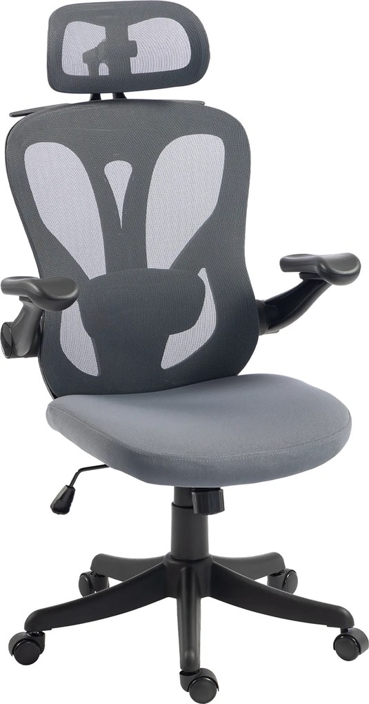 HOMCOM Cadeira Escritório Ergonômica, Apoios de Braço Rebatíveis 3D, Apoio de Cabeça 2D, Cabide, em Malha, Cinza Escuro | Aosom Portugal