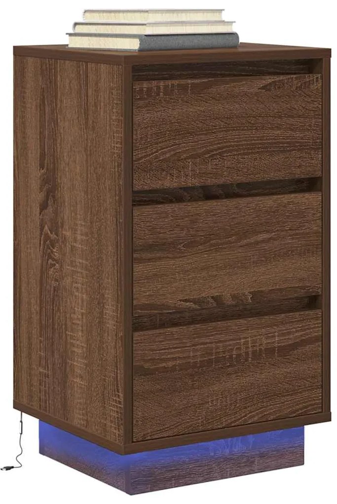 Mesa de cabeceira com luzes LED 38x34x65 cm carvalho castanho