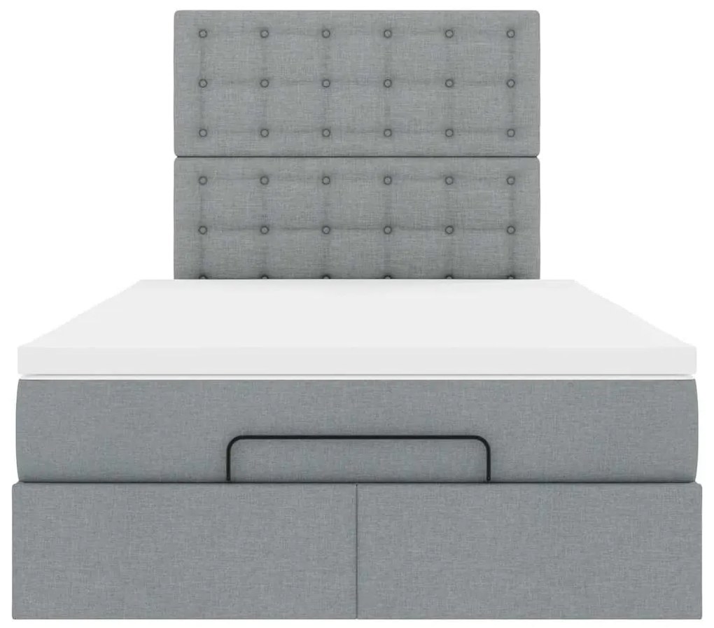 Estrutura de cama otomana com colchão cinza claro tecido