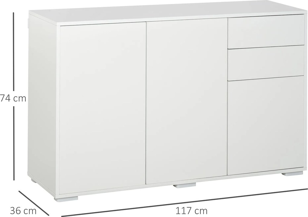 Aparador com 2 gavetas deslizantes, 3 portas e prateleira ajustável, em aglomerado, 117 x 36 x 74 cm, branco