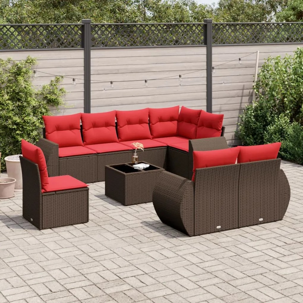 vidaXL 9 pcs conjunto sofás p/ jardim c/ almofadões vime PE castanho