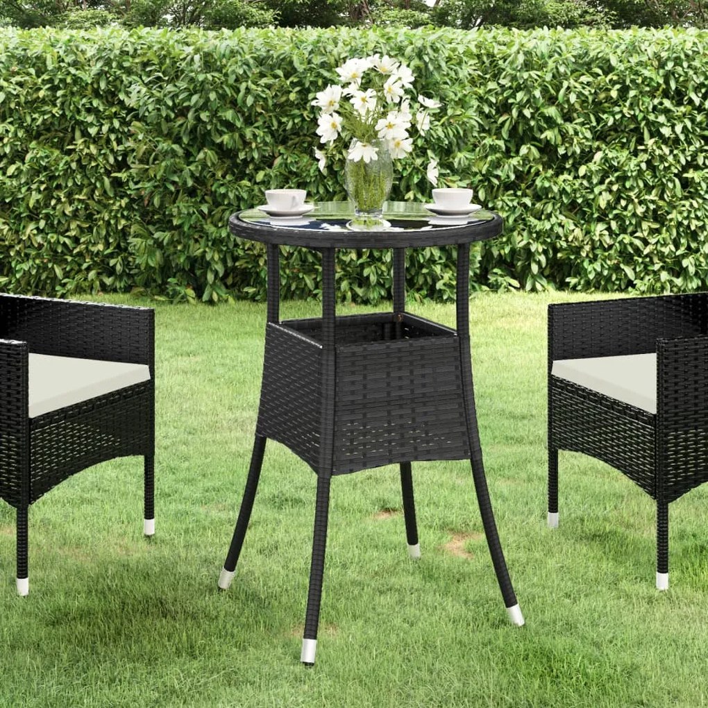 vidaXL Mesa de jardim Ø60x75 cm vidro temperado e vime PE preto
