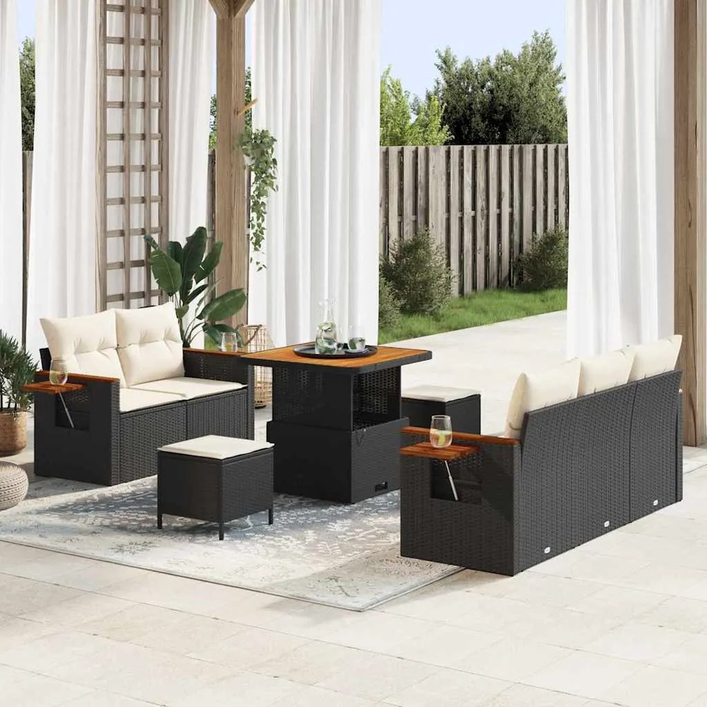 Conjunto de Sofá de Jardim vidaXL de 8 Peças com Almofadas Rattan Polido Preto Acácia