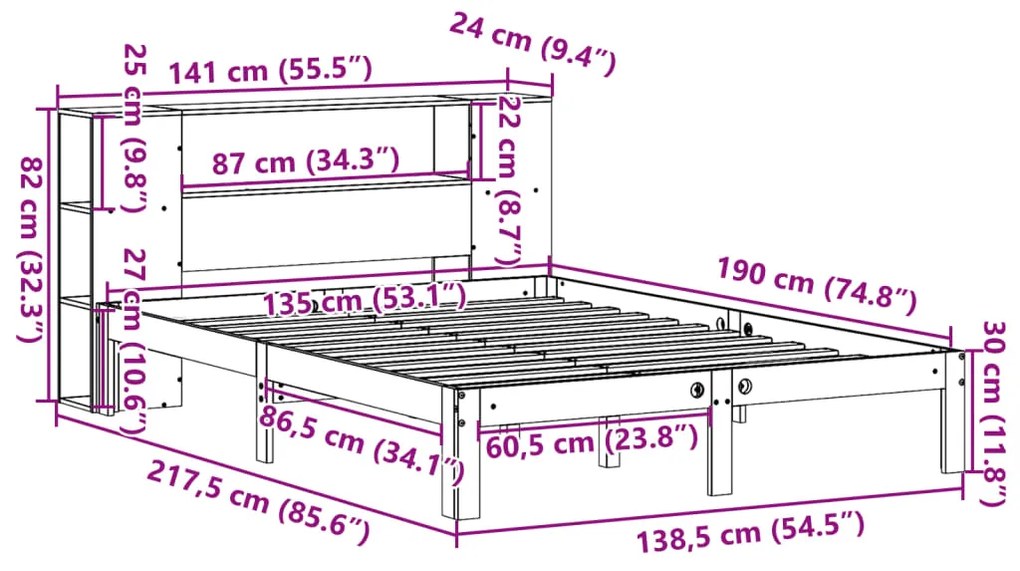 Cama com estante sem colchão 135x190 cm pinho maciço