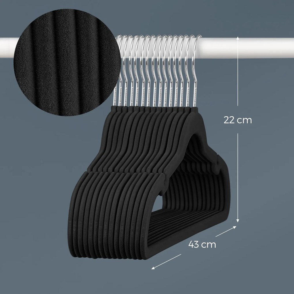 Conjunto de 50 cabides de veludo 43 x 22 cm preto