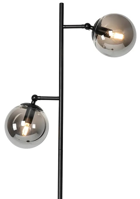 Candeeiro de pé Art Déco preto com vidro fumê 2-luzes - Pallon Art Deco
