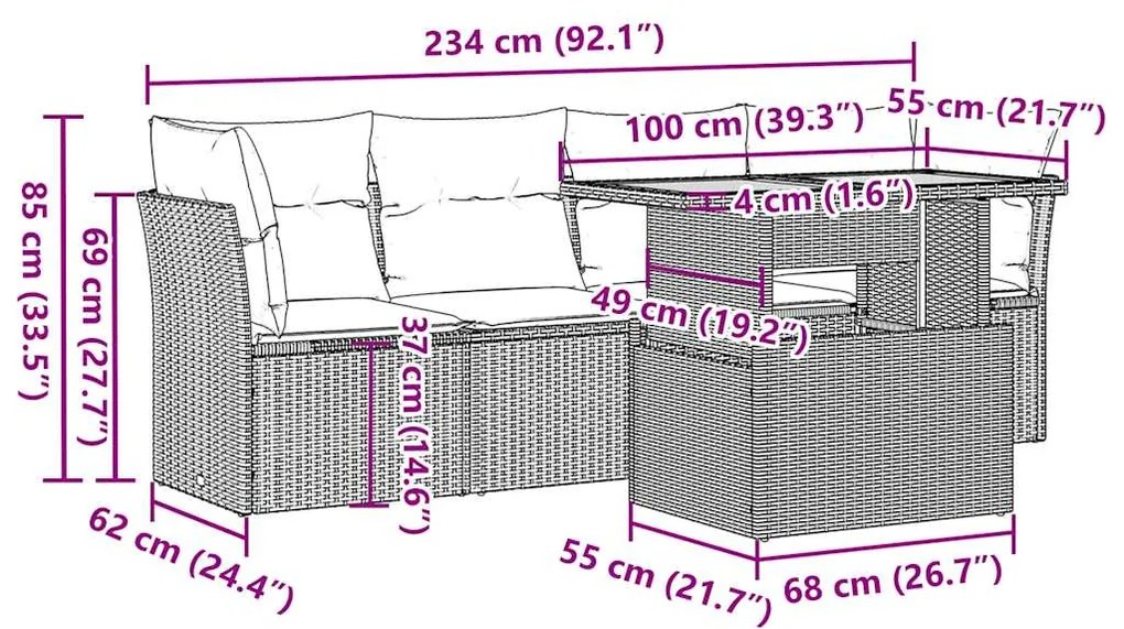 5 pcs conjunto de sofás p/ jardim com almofadões vime PE bege