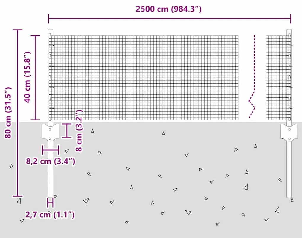 Cerca de Arame Soldado com 11 Postes em U Prata 0.4x25 m Aço