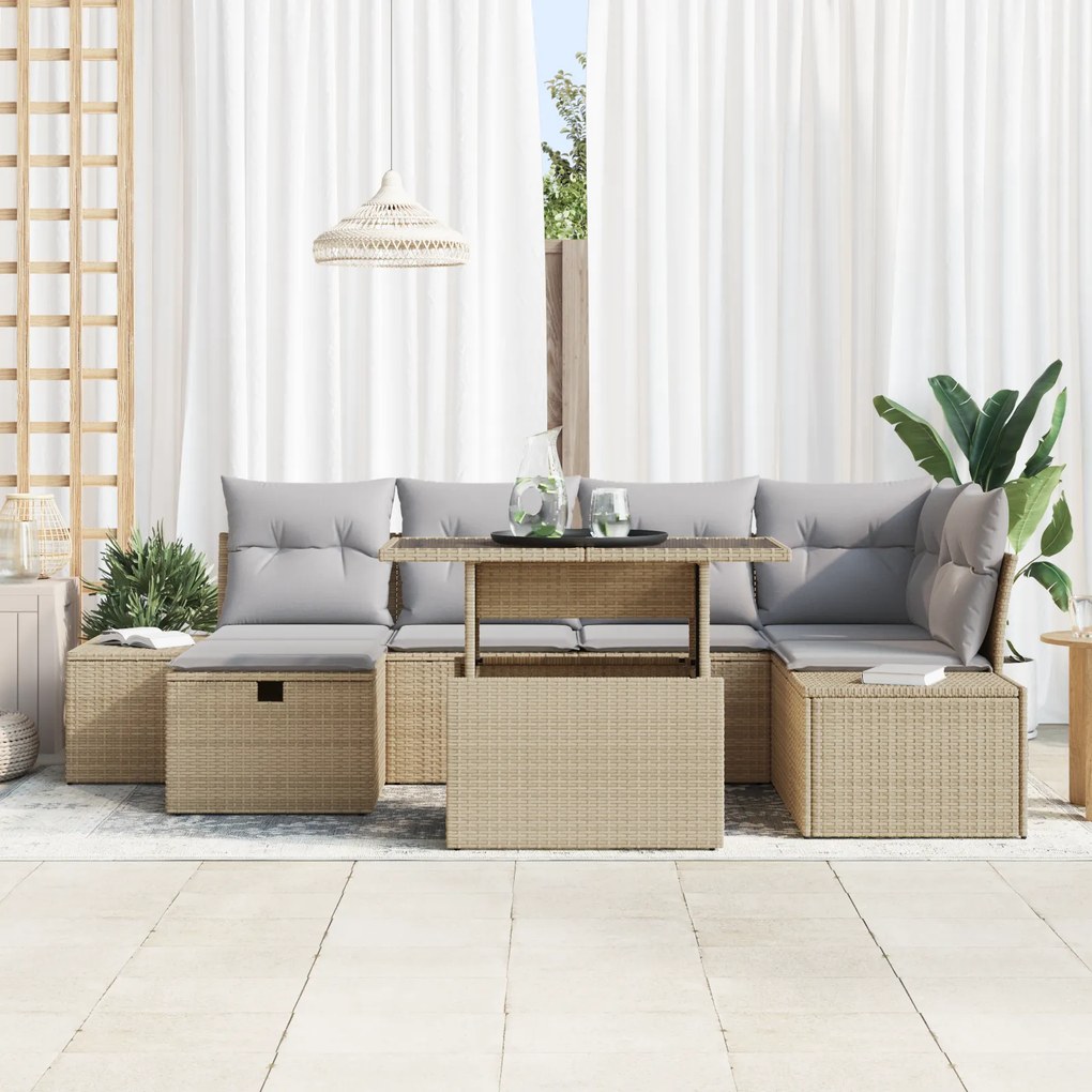 Conjunto de Sofá de Jardim 7 Peças com Almofadas Bege em Rattan Sintét
