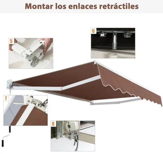 Toldo retrátil 245 x 200 cm com manivela manual em poliéster impermeável, marquise em alumínio para porta de parede ou janela Castanho