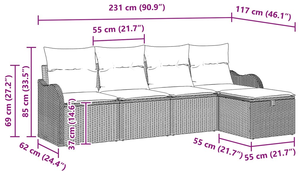 Conjunto de Sofá de Jardim vidaXL 5 Peças com Almofadas Bege Rattan Po