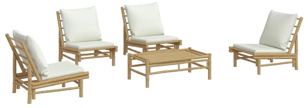 5 pcs conjunto lounge de jardim bambu c/ almofadões branco nata