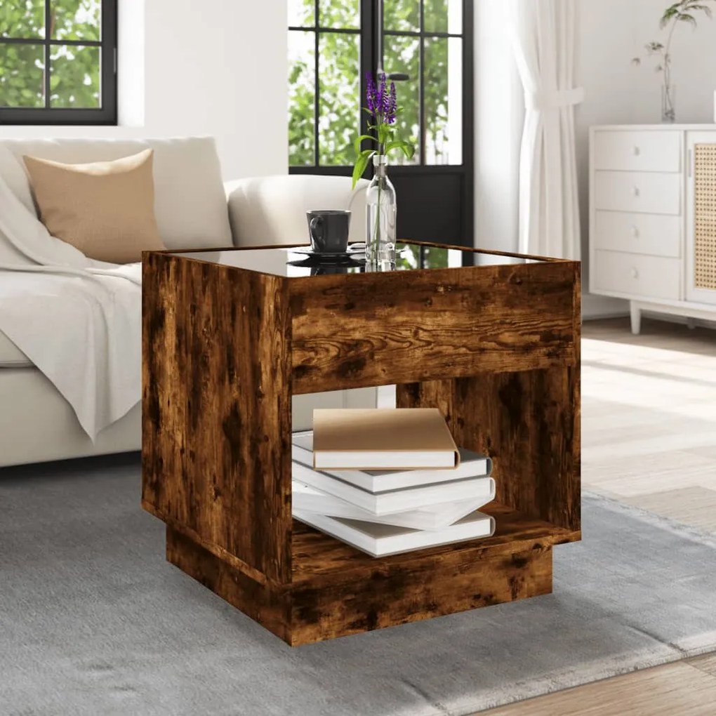 Mesa de centro luzes LED Infinity 50x50x50 cm carvalho fumado