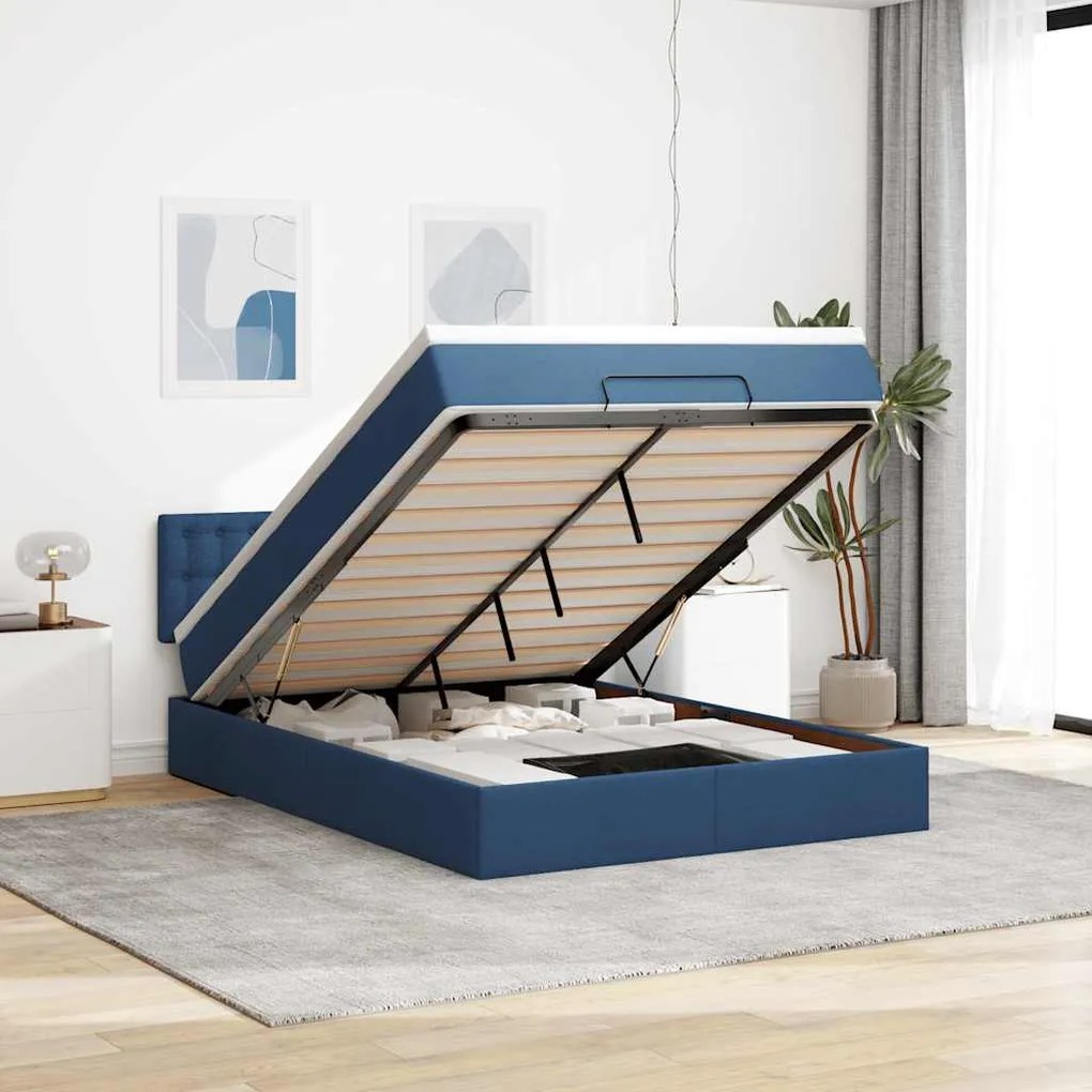 vidaXL Cama otomana com colchão 140x190 cm tecido azul